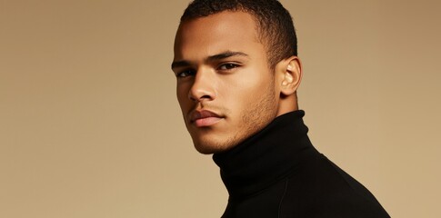 A confident African American man wears a black t-shirt in a portrait