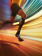 Poster - An athlete with a prosthetic leg sprints on a track, showcasing exceptional speed and determination during a race. Generative AI