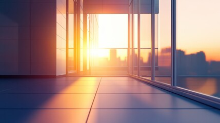 Poster - Skyscraper, modern building in the city with sunlight. Glass wall of an office building in the sunlight. Office building window close up with sunrise, reflection and perspective.