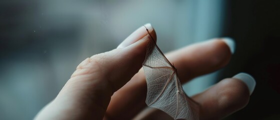 Close-up of a delicate, translucent wing held gently between fingers, showcasing its intricate structure and fine detailing.