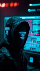 A hooded hacker with glowing LED eyes stands against blurred big monitor with moving data.