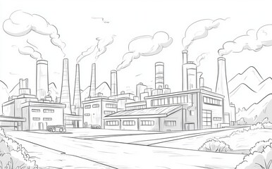 A mid-day industrial landscape with smokestacks, curved railroad tracks, and urban structures