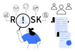 © robu_s - Person examines RISK word highlighted with icons representing key aspects. Nearby is a document with verification checkmark. Ideal for business analysis, risk management, compliance, auditing