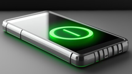 Poster - uturistic Smartphone Design with Green Power Symbol Illuminated, Representing Modern Technology, Energy Efficiency, and Innovation, Generative AI
