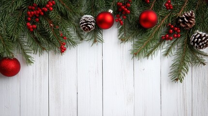 Wall Mural - Christmas backdrop featuring holiday decorations on a white wood surface with copy space