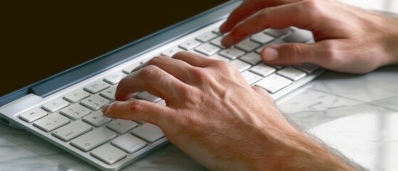 Wall Mural - hands typing on a sleek white keyboard atop a marble surface, embodying modern technology and produc