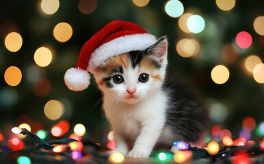 Canvas Print - Holiday decorations decorate the living room of a cute kitten wearing a Santa hat