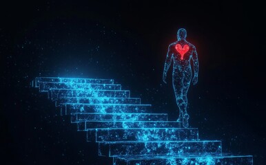 A digital representation of a person ascending virtual stairs in a futuristic environment with a glowing heart