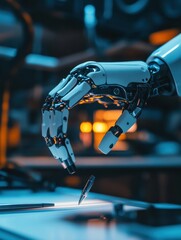 Fototapete - A robotic prosthetic hand delicately holds a pen, showcasing precision technology in action within a lab environment. Generative AI