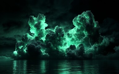 On a stormy night, dramatic green lightning strikes above a reflective surface