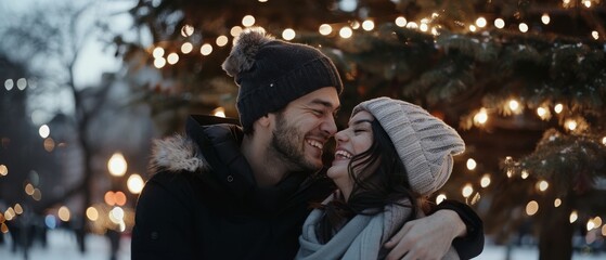 A couple embraces in front of twinkling holiday lights, with warm smiles conveying the joy and love of a festive winter evening.