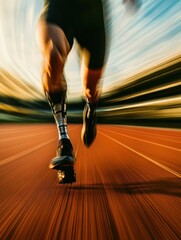 Poster - An athlete with a prosthetic leg runs swiftly on a track, showcasing determination and strength under bright lighting conditions. Generative AI