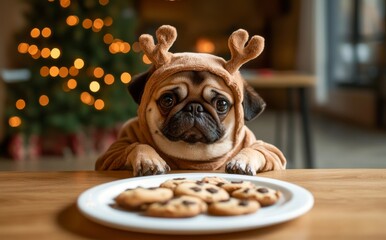 Canvas Print - In front of a decorated Christmas tree, a cute pug wearing reindeer antlers looks longingly at a plate of cookies