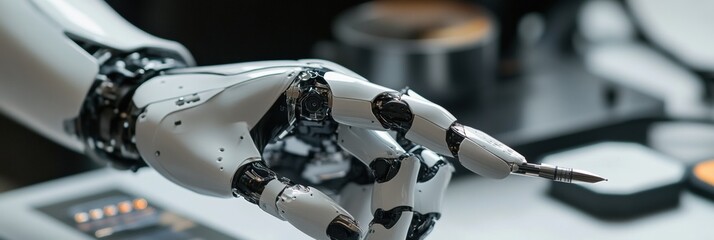 Aufkleber - The robotic prosthetic hand demonstrates precision as it carefully holds a small object in a contemporary workspace. Generative AI