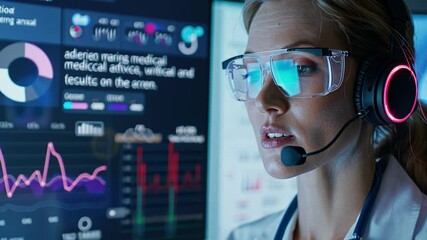 Aufkleber - A healthcare professional engages with advanced technology, using a headset and glasses to interpret patient data displayed on vibrant screens, indicating a focus on diagnostics.