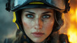 © Alexander - Close-up portrait of a female firefighter wearing protective gear, including a helmet and respirator mask