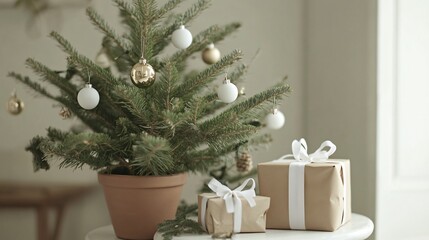 A small, potted Christmas tree with simple white and gold decorations, one or two gifts wrapped in brown paper and white ribbon, cozy minimalist ambiance