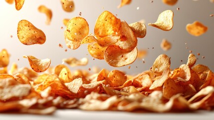 A delightful burst of crispy potato chips floating joyfully in mid-air