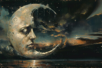 Wall Mural - man's face of a crescent moon with a golden starry sky. night sky. social media banner. sleepy eveni