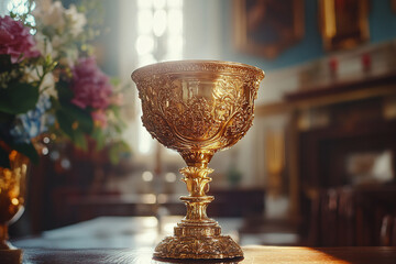 Wall Mural - a Communion chalice with wine inside.