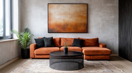 Wall Mural - This modern and stylish living room showcases a vibrant orange sofa paired with a sleek black coffee table, adorned with unique industrial decor, all set against a rugged concrete wall backdrop