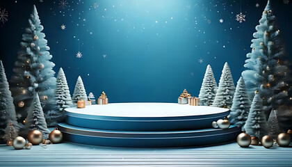 blue podium features christmas decorations trees winter backdrop promotional materials like posters brochures easily