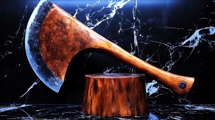 Handcrafted Axe on Wooden Stand: A Rustic Masterpiece