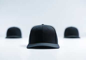 Wall Mural - Three black baseball caps against a plain background