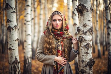 A beautiful girl in a traditional Russian folk shawl in a autumn birch grove. The portrait symbolizes the traditions and beauty of the Russian people.