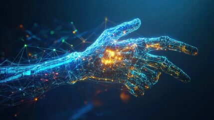 Leinwandbilder - An abstract representation showcases a prosthetic arm controlled by neural signals, featuring glowing lines linking it to the brain. Generative AI