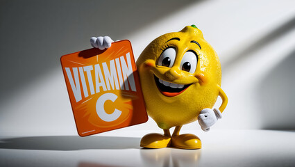 Wall Mural - Cartoon happy character lemon with sign inscription vitamin C