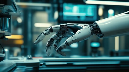 Aufkleber - The robotic prosthetic hand delicately holds a small object in a modern lab, showcasing the precision of advanced robotics technology. Generative AI