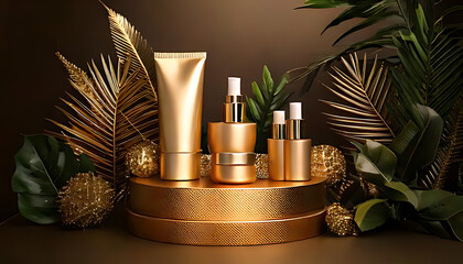 luxury beauty products showcased golden pedestal amidst festive decor natural elements