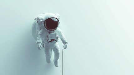 Wall Mural - A stylized astronaut tethered to an unseen object, floating in a minimalist, light-colored space environment
