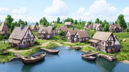 The fantasy illustration shows a medieval town near the shipyard and lake