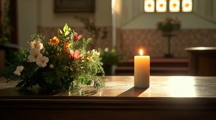 Sticker - A minimalistic church altar featuring a candle and a bouquet of flowers, illuminated by soft light