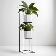 Minimalist Vertical Planter Stand – A tall, narrow planter stand with multiple levels for displaying plants, made from thin metal, set against a white backdrop.