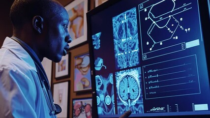 Aufkleber - A doctor is focused on reviewing detailed brain scans on a large monitor in a cozy office filled with medical illustrations. The atmosphere is professional yet inviting.
