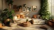 © Terry - A neutral-toned living room decorated with plants, blending natural materials and greenery for a peaceful ambiance.
