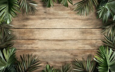 Wall Mural - Wooden background adorned with green tropical leaves, perfect for nature-themed designs and creative projects