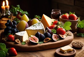 deliciously crafted stacked savory cheese board fresh ingredients featuring varieties fruits textured breads, appetizer, assortment, arrangement, colorful