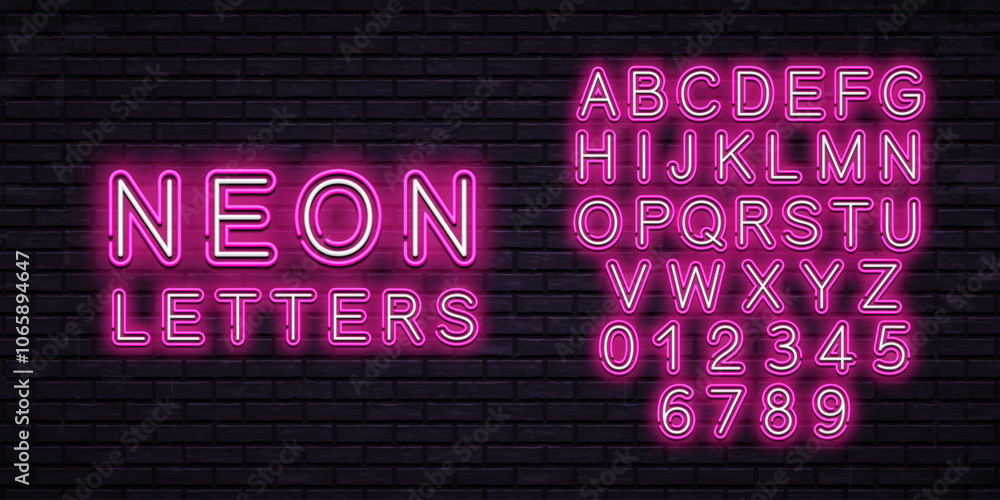 Vip Lettering Neon Color Bright neon letters isolated on dark brick wall background. Vector neon ...