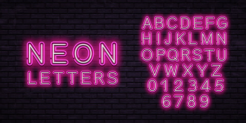 Wall Mural - Bright neon letters isolated on dark brick wall background. Vector neon font design.