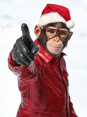 Wall Mural - a chimpanzee wearing a santa hat, red leather jacket, and glasses points forward, creating a playful