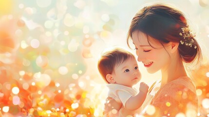 Mother and child in a loving embrace, celebrating Mother's Day with a vibrant, cheerful background. Vector illustration