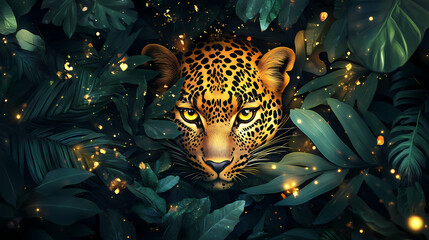 Lush rainforest scene mystical leopard emerging from vibrant foliage eyes glowing in dappled sunlight rich greens and golden hues creating captivating phone wallpaper. Mystical. Illustration