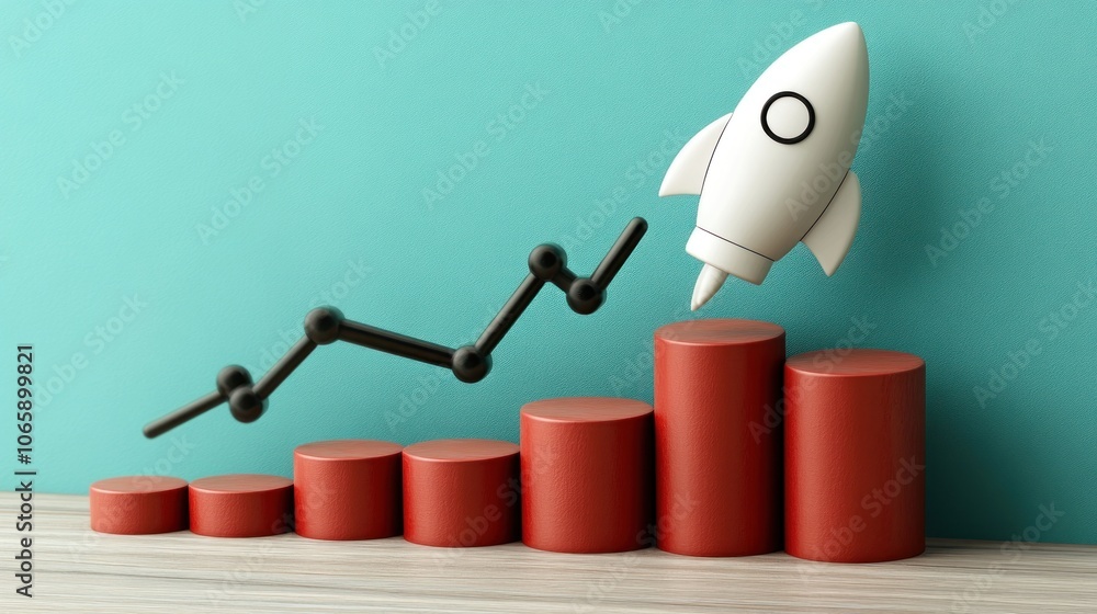 A white rocket taking off above a red bar chart with a black line graph ...
