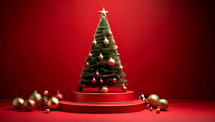 Wall Mural - small christmas tree stands subtle red decorated podium surrounded festive holiday ornaments