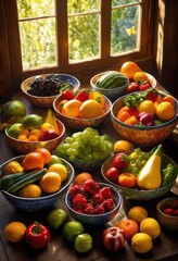 Wall Mural - colorful display fresh fruits vegetables vibrant bowls artfully arranged stunning visual feast, arrangement, design, organic, nature, harvest, juicy