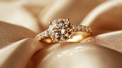 Poster - Large diamond sparkles on a golden engagement ring, set against a satin backdrop